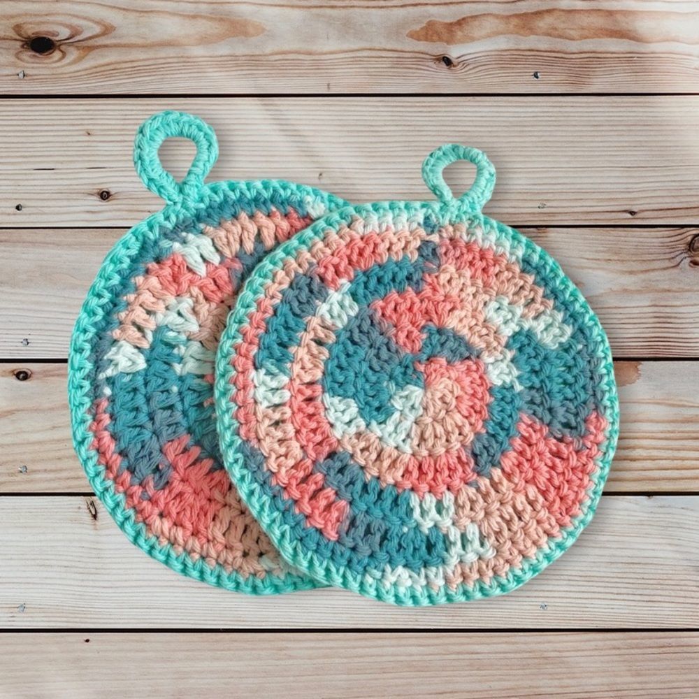 Hand Crafted Coastal Crochet Round Potholder With Hanging Loop Set Of 2